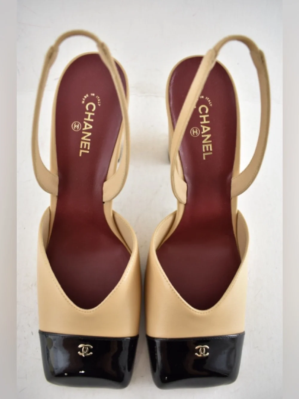 Chanel 26S Blazy Beige Black Square Toe Sling CC Slingback Block Heel Pump 40 - Picture 11 of 16
